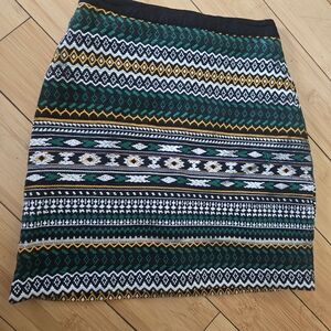 Warehouse Green Patterned Mini Skirt with Black, White and Gold Accents